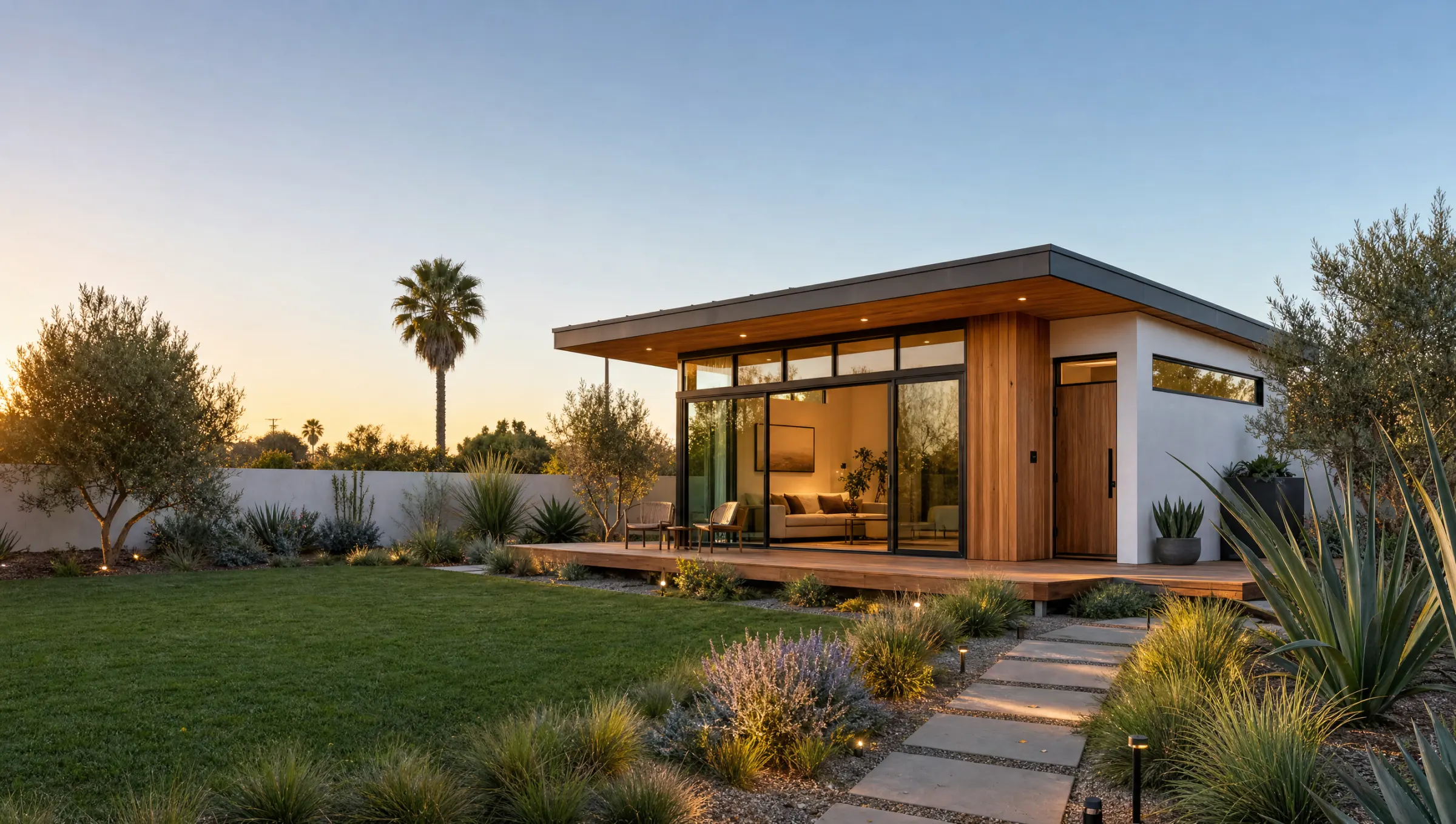 ADU builder in Buena Park, CA: modern detached ADU with cedar slat siding, white stucco, a black steel glass wall and a covered deck, set in a landscaped Southern California backyard at dusk