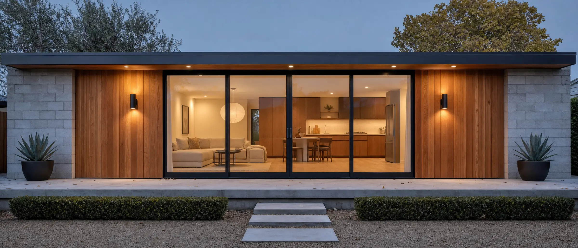 The front of a finished home with an attached ADU by NewGen ADU Builders, seen from the street